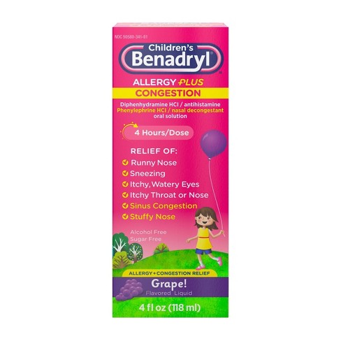 Children s Benadryl Diphenhydramine Allergy Plus Congestion Relief Liquid Grape 4 Fl Oz Target