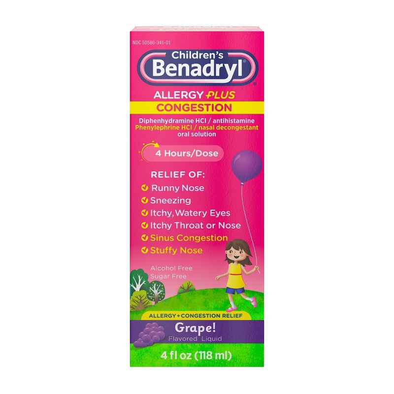 Children&#39;s Benadryl Diphenhydramine Allergy Plus Congestion Relief Liquid - Grape - 4 fl oz, 1 of 10