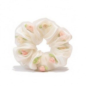 Anna-Kaci Sheer Organza Scrunchie with Embroidered Mini Roses and Soft Layered Design - 1 of 4