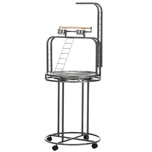 Skyzone Gray Bird Play Stand with Textured Steel Perch, 3 Ladders, Toy Hook & Wheels - Ideal for - 1 of 4