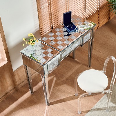 Vynxaria Mirrored Makeup Vanity Desk with Crushed Diamond Inlay - Luxurious Flip-Top Design