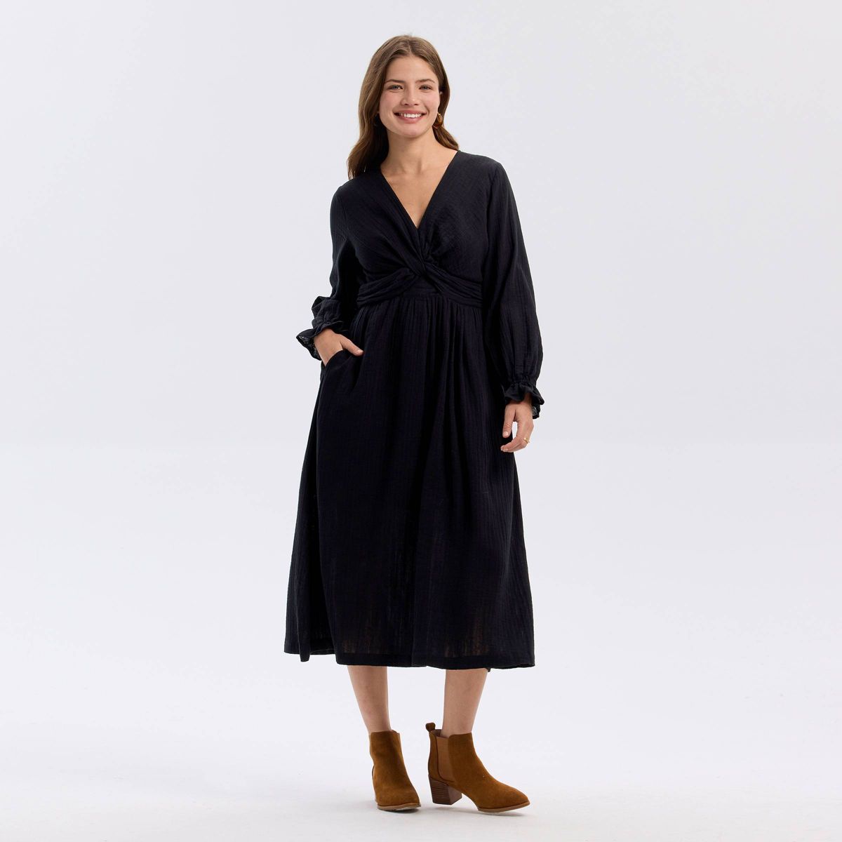 Women's Twist-Front Balloon Long Sleeve Midi A-Line Dress - Universal Thread™