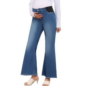 INSPIRE CHIC Womens Maternity Flare Jeans Mid-Rise Stretchy Bell Frayed Hem Casual Bootcut Denim Pregnancy Pants - 1 of 4