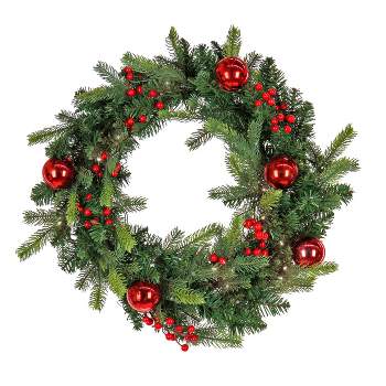 National Tree Company First Traditions Pre-Lit Christmas Wreath with Red Ornaments and Berries, Warm White LED Lights, Battery Operated, 24 in