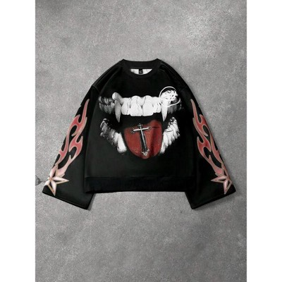 TIME HOLLOW Letter Graphic Striped Trim Pocket Thermal Lined Long Sleeve Sweatshirt - Boyfriend Gift