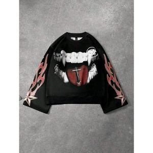 TIME HOLLOW Letter Graphic Striped Trim Pocket Thermal Lined Long Sleeve Sweatshirt - Boyfriend Gift - 1 of 3