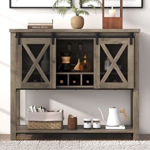 Coucheta Farmhouse Coffee Bar Cabinet, 46.5 in Sideboard Cabinet with Sliding Barn Doors & Wine Storage - Rustic Coffee Bar Buffet with Metal Mesh - 1 of 4