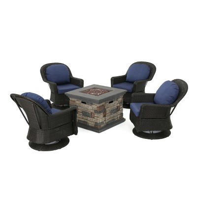 Christopher Knight Home Alhambra Outdoor Wicker 5 Piece Swivel Club Chair and Fire Pit Set, Navy Blue/Dark Brown