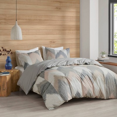Full/Queen Blush and Gray Cotton Ikat Sham Set
