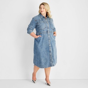Women's Long Sleeve Denim Midi Dress - Future Collective Medium Wash - 1 of 3