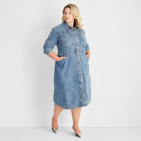 Women s Long Sleeve Denim Midi Dress Future Collective Medium Wash 17 Target