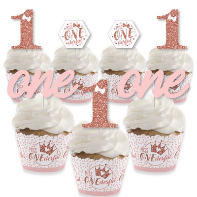 Big Dot of Happiness 1st Birthday Little Miss Onederful - Cupcake Decor - Girl First Birthday Party Cupcake Wrappers and Treat Picks Kit - Set of 24