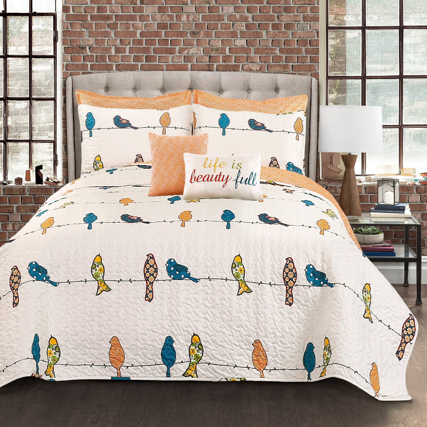 Комплект с покрывалом Lush Decor 7pc King Rowley Birds Quilt Set Orange/Dark Blue/White - Lush Décor: Reversible Hypoallergenic Farmhouse Bedding, цвет: Оранжевый — фото 1