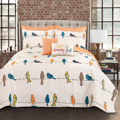 Lush Decor 7pc King Rowley Birds Quilt Set Orange/Dark Blue/White - Lush Décor: Reversible Hypoallergenic Farmhouse Bedding