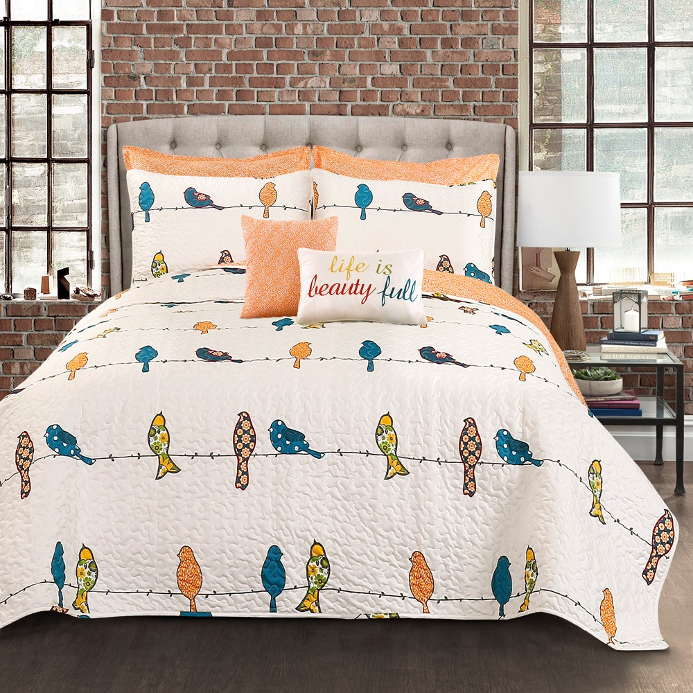 Photos - Duvet 7pc Full/Queen Rowley Birds Quilt Set Off - White/Blue/Orange - Lush Décor