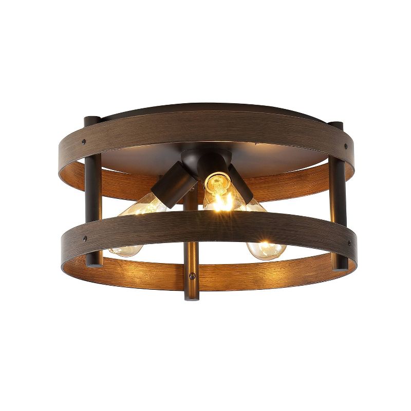 16&#34; 3-Light Cooper Farmhouse Industrial Iron LED Flush Mount Brown Wood Finished/Oil Rubbed Bronze - JONATHAN Y, 1 of 10