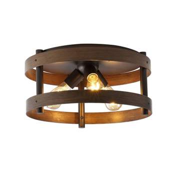 16" 3-Light Cooper Farmhouse Industrial Iron LED Flush Mount Brown Wood Finished/Oil Rubbed Bronze - JONATHAN Y
