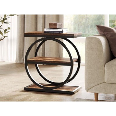 CAVINAS Industrial Style Narrow Wood Coffee Table with 3 Shelves,Slim Round End Table for Bedroom,Living Room,Living Room Furniture