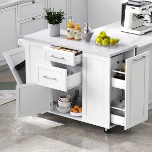 LOVSON 50.7''mobile kitchen island with tilting trash bin and pull-out storage space, two drawers, suitable for kitchens, dining rooms, white - 1 of 4