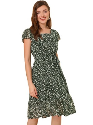 Allegra K Women's Floral Chiffon Flutter Sleeve Belted Square Neck Ruffled Hem Dress