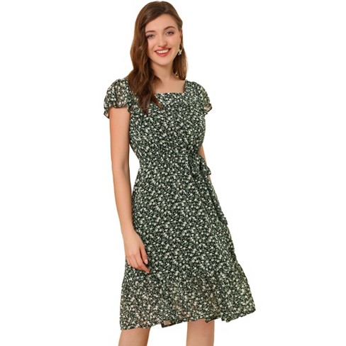 Allegra K Women's Floral Chiffon Flutter Sleeve Belted Square Neck ...