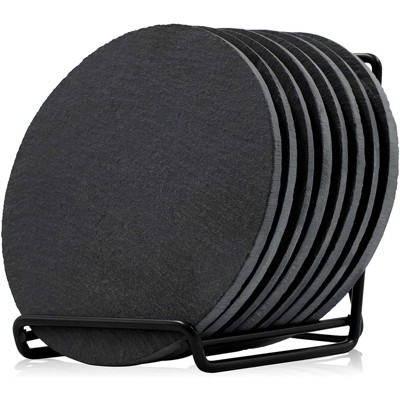 Juvale Set of 9 Round Black Slate Stone Drink Coasters with Rack Stand