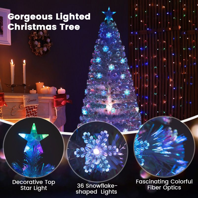 Tangkula 5/6/7FT Artificial Fiber Optic Christmas Tree White Pre-lit Xmas Tree w/ Iridescent Leaves 24/30/36 Multi-color Snowflake Lights, 5 of 10