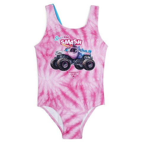Monster Jam Sparkle Smash Little Girls UPF 50+ One Piece Bathing Suit Tie Dye Pink 6