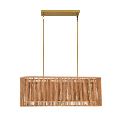 PAKOKULA Boho 4-Light Painted Gold Finish Farmhouse Rectangle Chandelier with 2-Tier Natural Rattan Shade