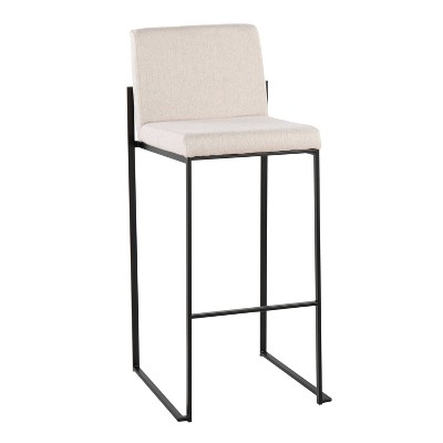 Set of 2 Black Steel and Beige Fabric High Back Barstools