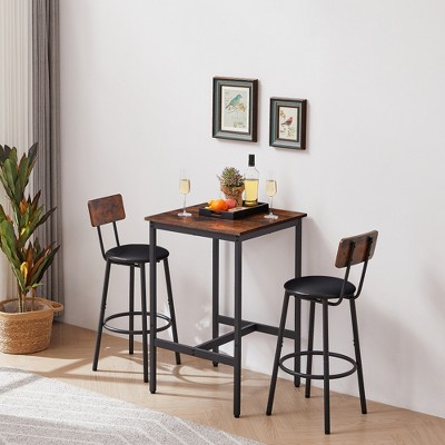 SKRAN Set of 3 Industrial Bar Table and Chairs, Square Pub Table with 2 Stools & Backrest,Counter Height set for Dining Room Small Space