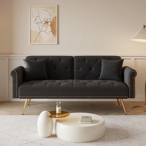 69.7" Velvet 2-Seater Foldable Sofa Bed with Nail Head Trim, Matching Throw Pillow, Gold Metal Legs and Solid Wood Frame for Small Living Spaces - 1 of 4