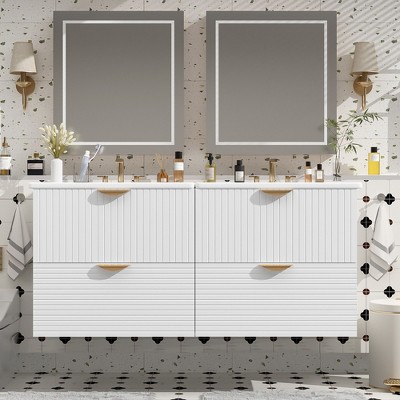 Okak 48" Floating Small Bathroom Vanity with Ceramic Sink, Modern  Wall Mounted Double Vanities with 4 Drawers for Contemporary Bathrooms, White