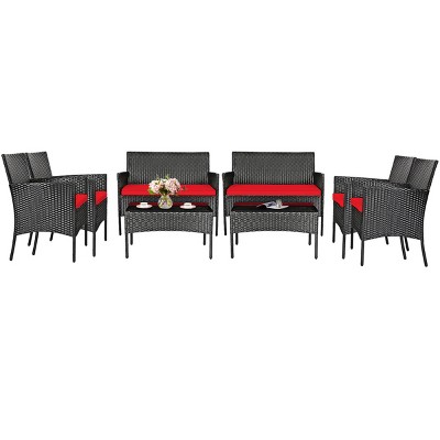 Tangkula Rattan Patio Conversation Set Cushioned Sofa with Coffee Table