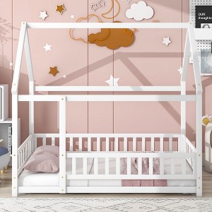 CAVINAS Full Size Bed Frame with House-Style Roof & Fences,Modern Floor Bed for Kids Room,Bedroom - 1 of 4