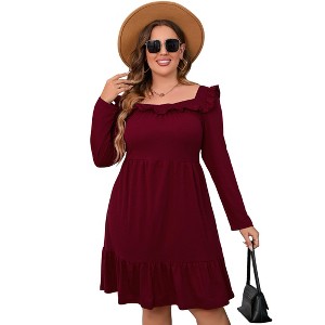 Women's Square Neck Long - Sleeve Dress with Ruffle Trim & Tie Detail, Flowy Midi Dress for Casual & Semi - Formal - 1 of 4