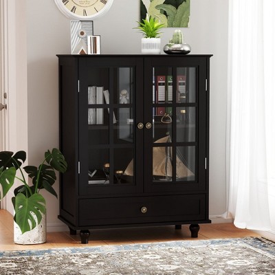 Chic Crate Modern Black Buffet Cabinet with Glass Doors & Drawer, Wooden Sideboard for Dining Room & Entryway