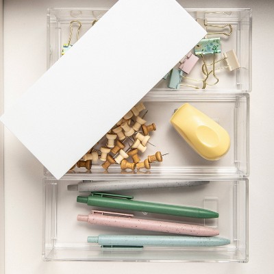 Clear Stackable Plastic Organizer Bins with White Lid, 3 Pack