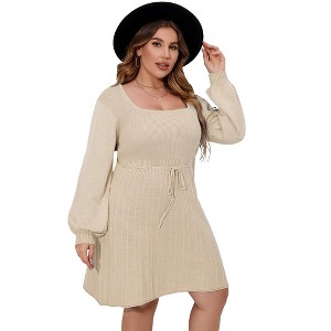 Coolmee Womens Plus Size Midi Dress Casual Square Neck Long Sleeve Drawstring Waist Casual Babydoll Sweater Dress - 1 of 4