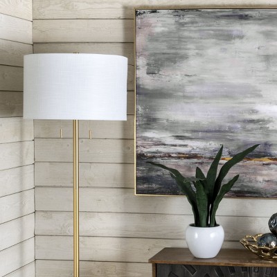 Gold Metal Floor Lamp with White Fabric Shade, 64" Height