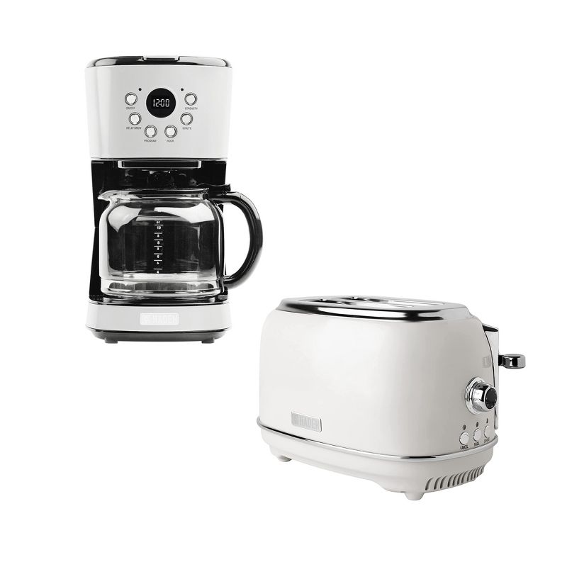 Haden 12 Cup Programmable Coffee Maker with Brew Strength Control with Heritage 2 Slice Wide Slot Stainless Steel Bread Toaster, White, 1 of 7