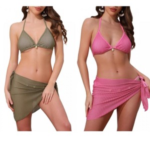 INSPIRE CHIC Women's 3-Piece Herringbone Halter Top Tie Side Triangle Bottom with Cover Up Skirt Bikini Suits 2 Sets - 1 of 4