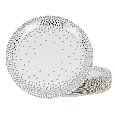 Juvale 48-Pack Disposable Metallic Silver Foil Polka Dot Paper Plates 9" Birthday Party Supplies