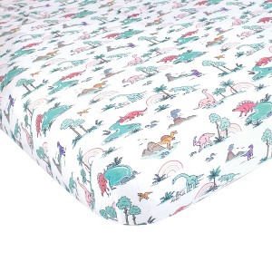 Hudson Baby Infant Girl Cotton Fitted Crib Sheet, Pink Dinosaur Adventures, One Size - 1 of 2