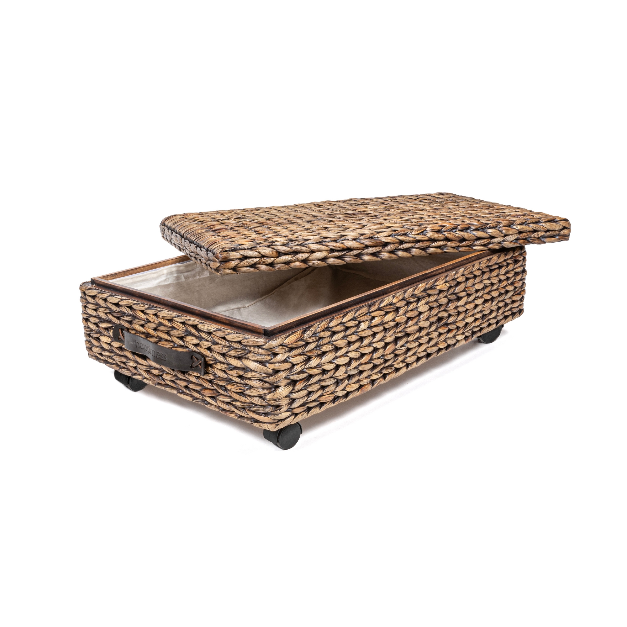 happimess Chett Minimalist Hand-Woven Hyacinth/Wood Underbed Storage Bin with Wheels and Handles, Brown Wash