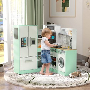 43.30"Play Kitchen, Corner Kids Kitchen Playset with Chalkboard, Range Hood, Ice Maker, Stove, Refrigerator Microwave,Green - 1 of 4