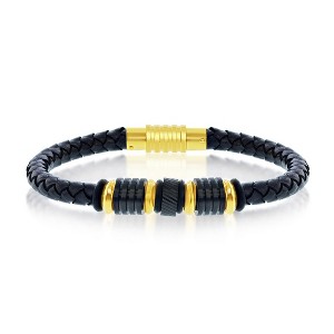Metallo Mens Black & Gold Stainless Steel with Genuine Black Leather Bracelet - Black - 8.5 Inch - 1 of 4