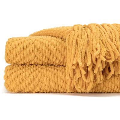Golden Knitted Faux Fur Throw Blanket with Tassels