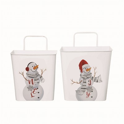 Transpac Metal White Christmas Enamel Snowman Hanging Baskets Set of 2