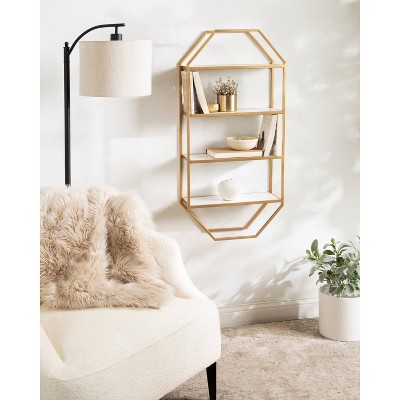 Adela White and Gold Geometric Floating Wall Shelf
